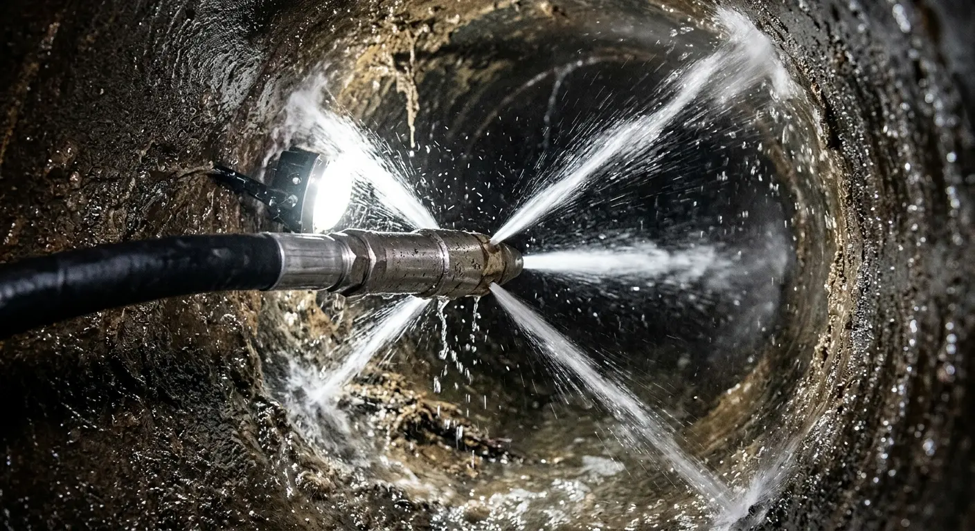 High-pressure hydro jetting nozzle cleaning sewer pipe for Emergency Drain Service in St. Marys