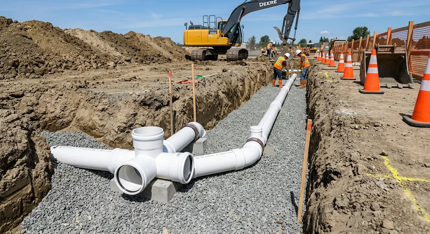 New PVC sewer pipe installation in open trench for Grease Trap Cleaning in St. Marys