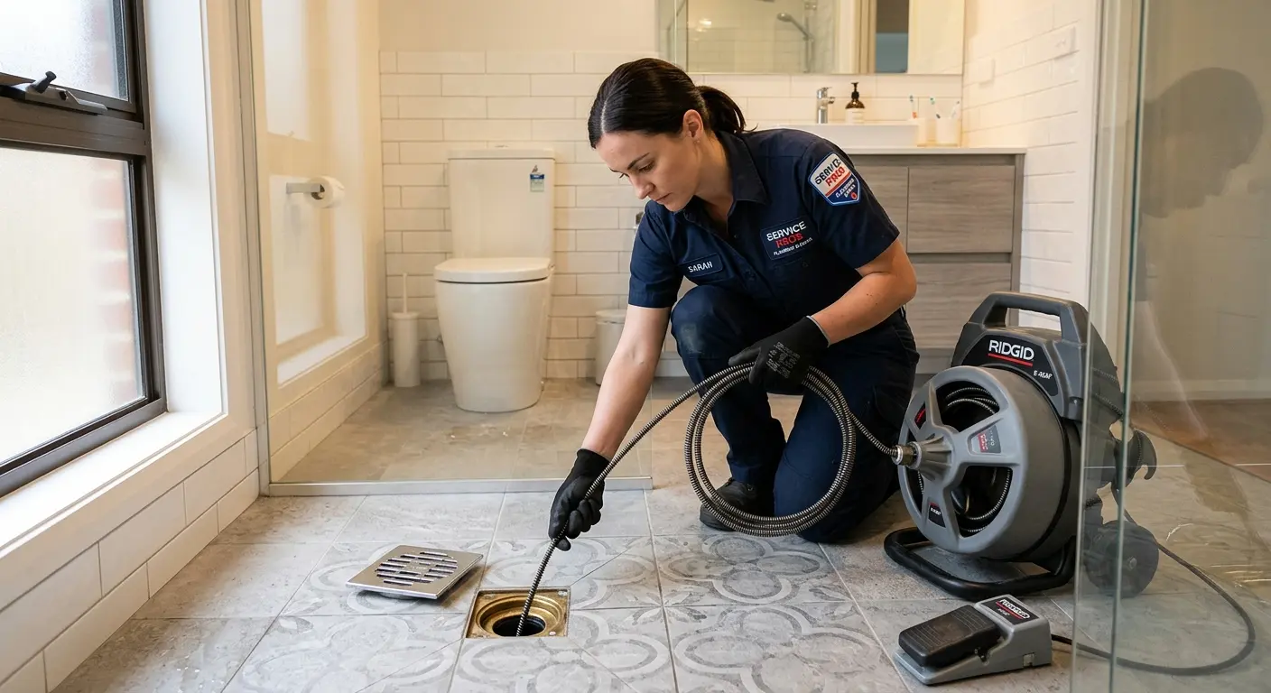 Technician clearing a bathroom floor drain for Drain Repair in St. Marys
